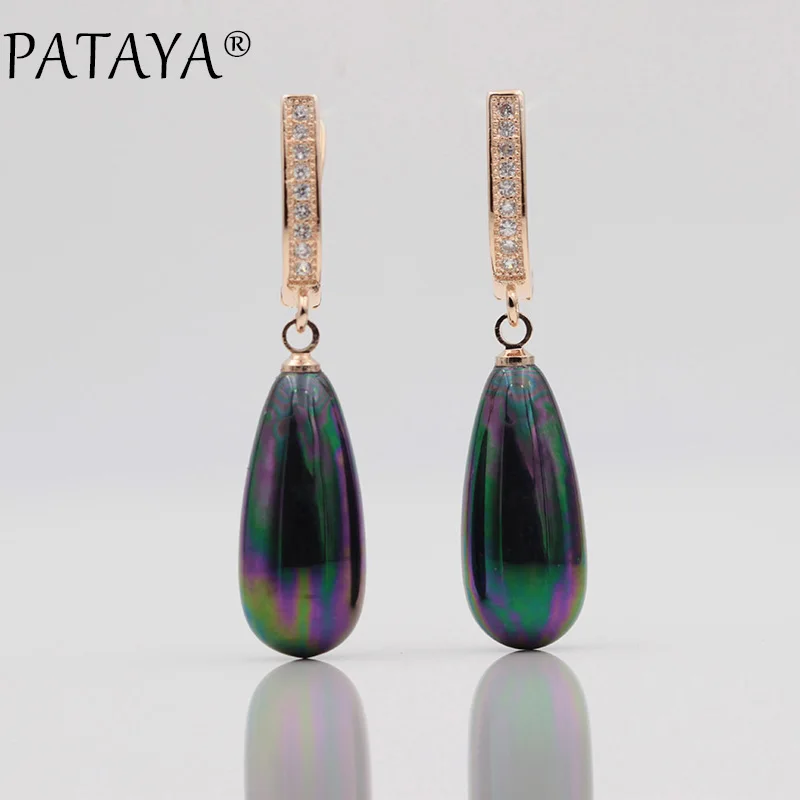 PATAYA New Fashion Multicolor Long Imitation Pearls Natural Zircon Dangle Earrings 585 Rose Gold Color Women Wedding Jewelry