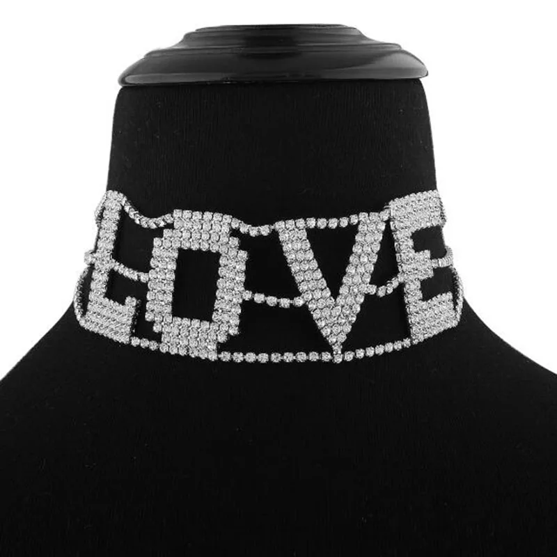 Romantic love Rhinestone Chain Choker Necklace For Women Chunky Crystal Chain Choker Collar Fashion Bridal Jewelry Colliers