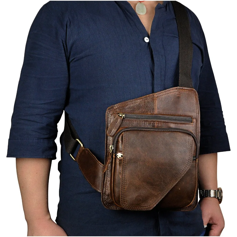 New Crazy Horse Leather men Casual Fashion Travel Daypack Chest Sling Bag Design One Shoulder Strap Crossbody Bag Male b214