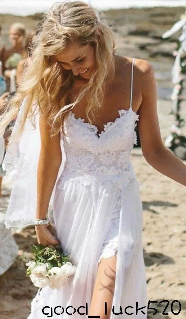 Sexy novo espaguete sem costas praia vestidos de casamento verão alta baixa renda chiffon vestidos de noiva branco marfim tamanho 2 4 6 8 10 12 14 16