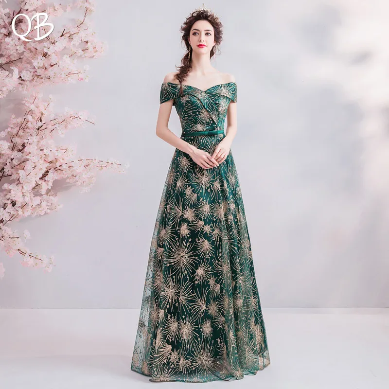 Green A-line Cap Sleeve Sequins Tulle Long Formal Luxury Evening Dresses 2020 New Fashion Bride Party Prom Dress 118XH