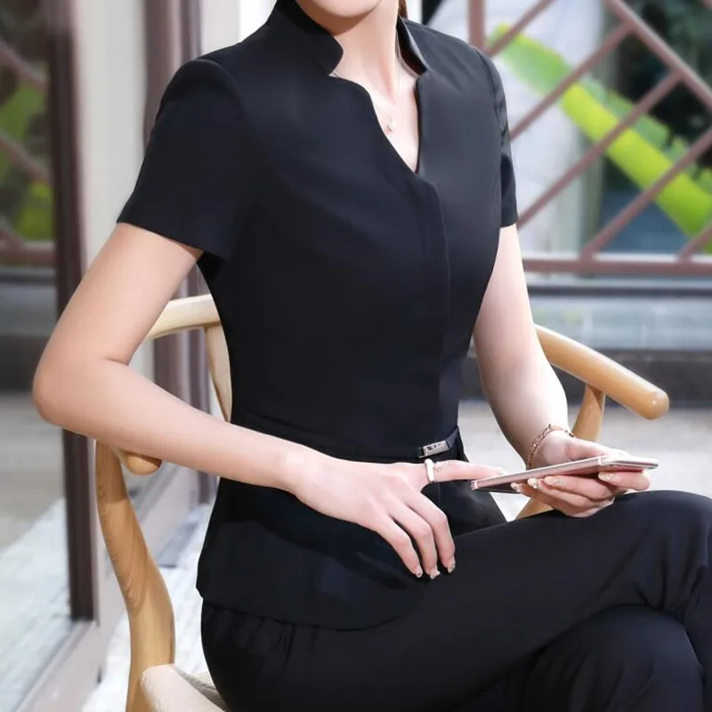 Summer Fashion Business Women Pant Suit Formal Slim Short Sleeve V Neck Blazer and Trousers Office Ladies Work Wear Uniform