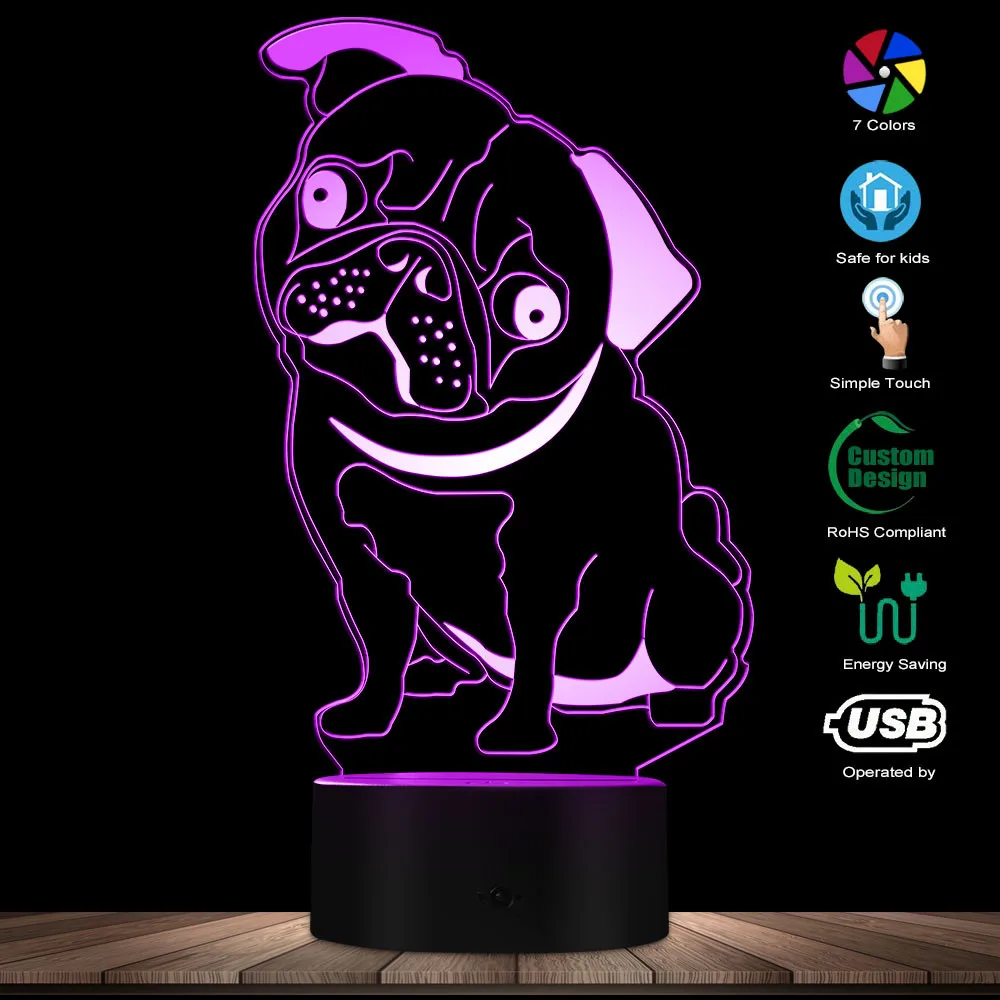 3D Sad British Bulldog Shape Designed Optical Illusion Lamp LED Night Light Pet Puppy Animal Color Changing LED Light Table Lamp