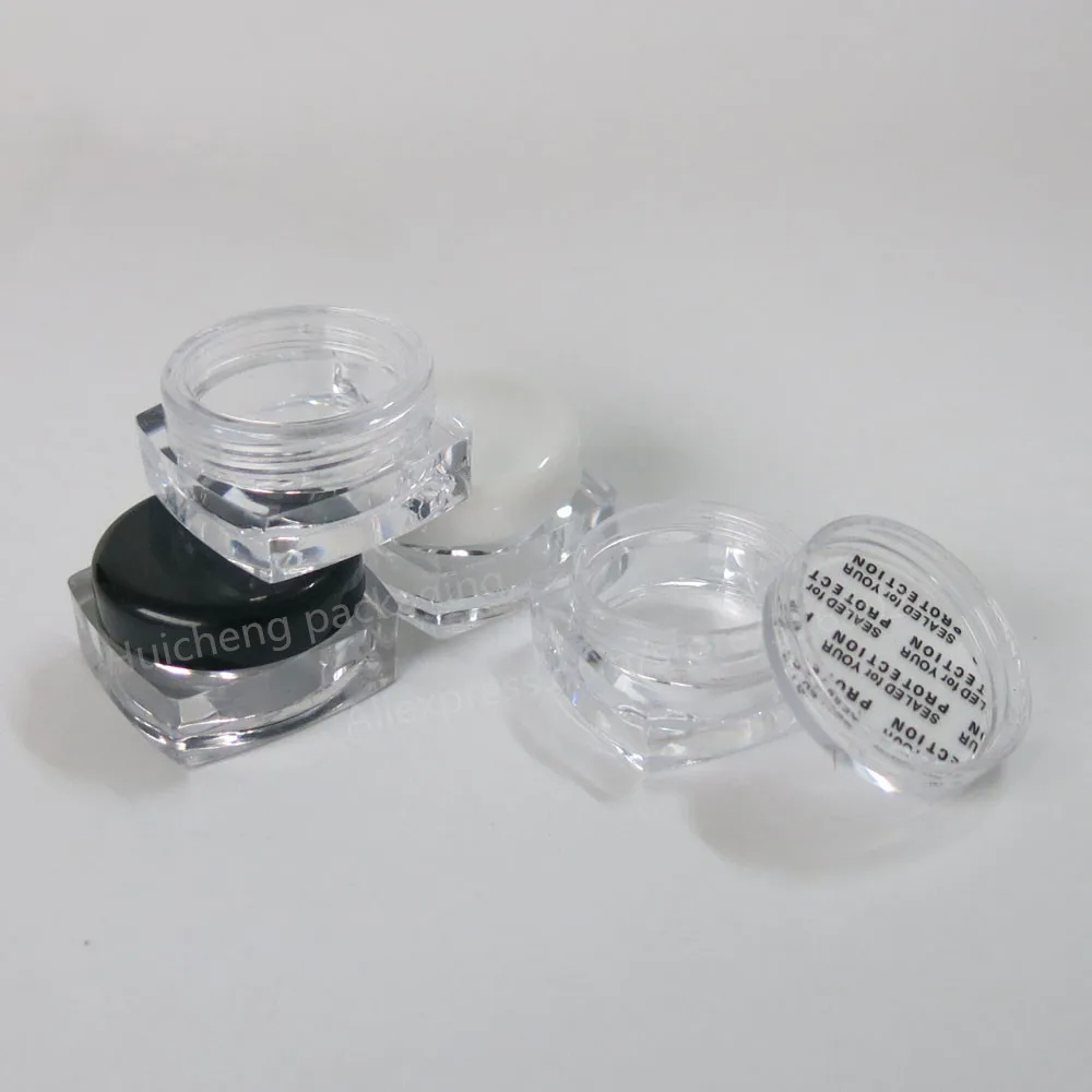 

100 X 3g Clear Square Refillable PS Cream Jar Black Cosmetic Container 3ML Transparent Plastic Bottle Sample Jar