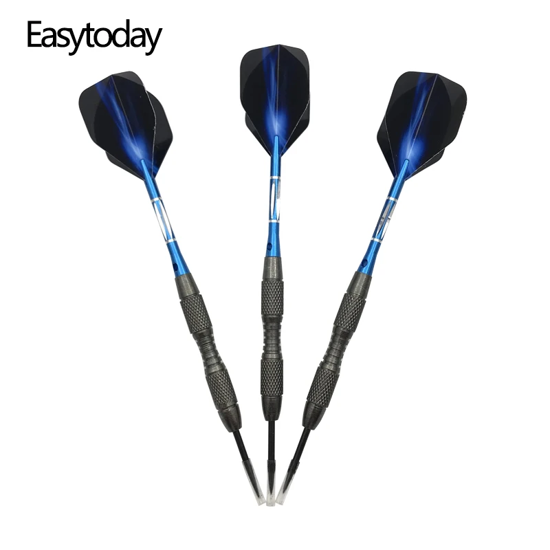 Easytoday 3Pcs/set Tungsten Darts Hard Type Steel Tip Metal Barrel Blue Shafts Aluminum Plastic Blue Aurora Darts Flights Games