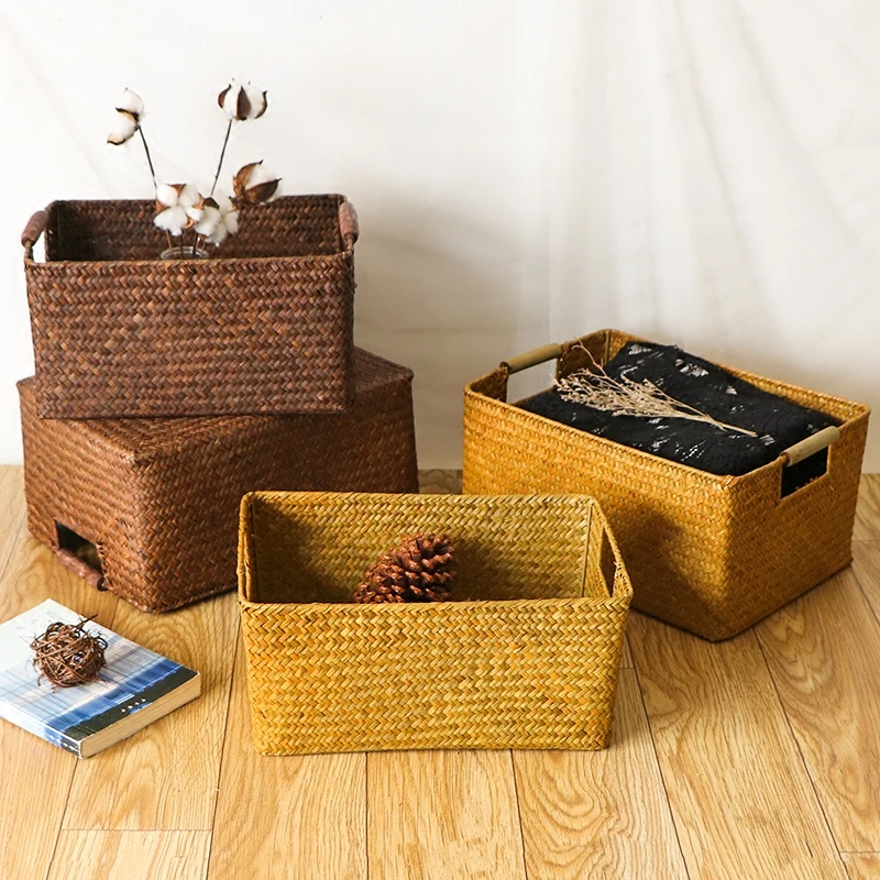 Seaweed Woven Storage Box Retro Rectangular Rattan Bamboo Storage Box Storage Basket Bathroom Finishing Basket