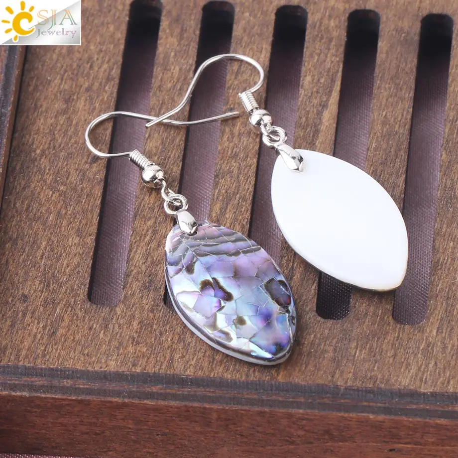 CSJA Natural Abalone Shell Water Drop Earrings Square Flat Paua Shells Geometric Dangle Earring for Women Casual Jewellery F950