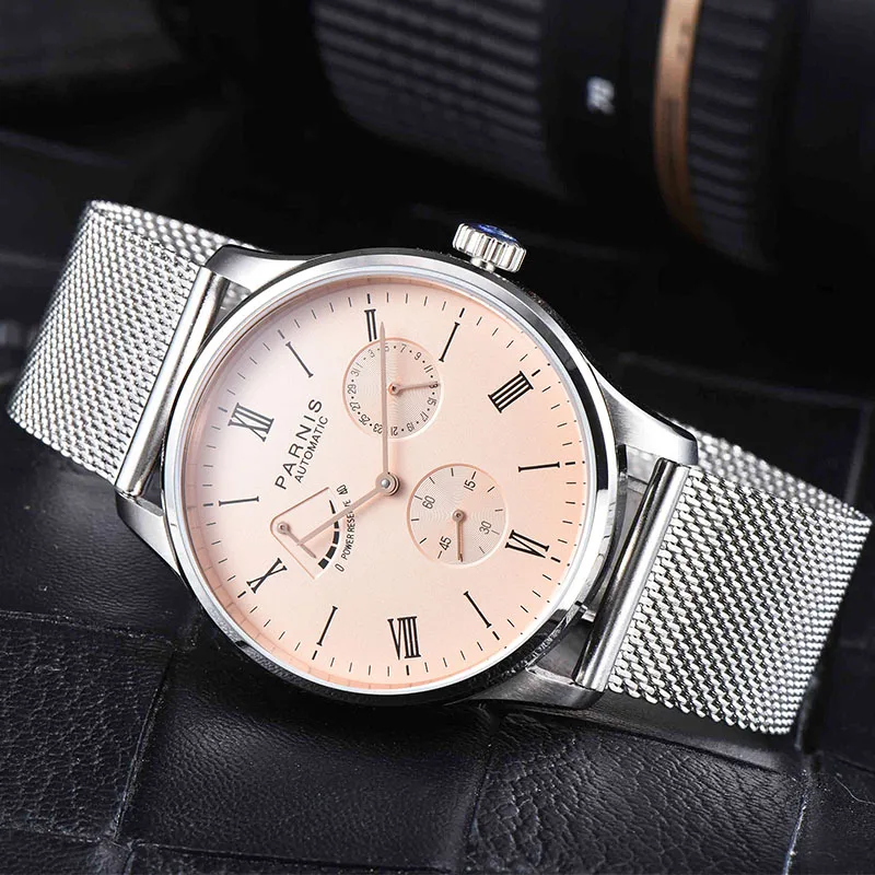 Parnis Power Reserve Mechanical Automatic Self Winding Men Watch Brown Leather Strap Men\'s Watches relogio masculino Watch Box