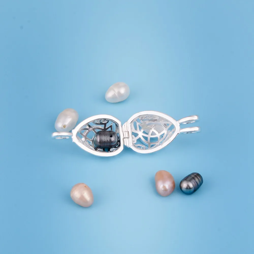EUDORA New Silver color Cage Pearl Bead Pendant Locket Necklace teardrop Natural Pearl Oyster Pearl Locket DIY Necklace K273N08
