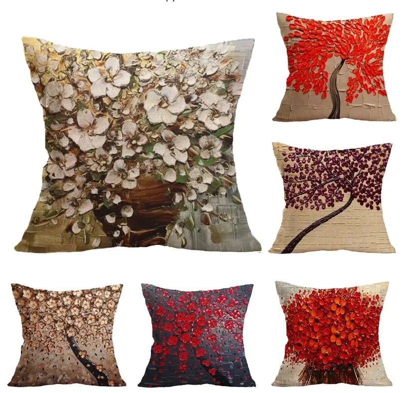 Flower Plant 3D Pillows Tree Cotton Linen Pillowcase Sofa Couch Cushion Covers Shop Coffee Home Decor Square