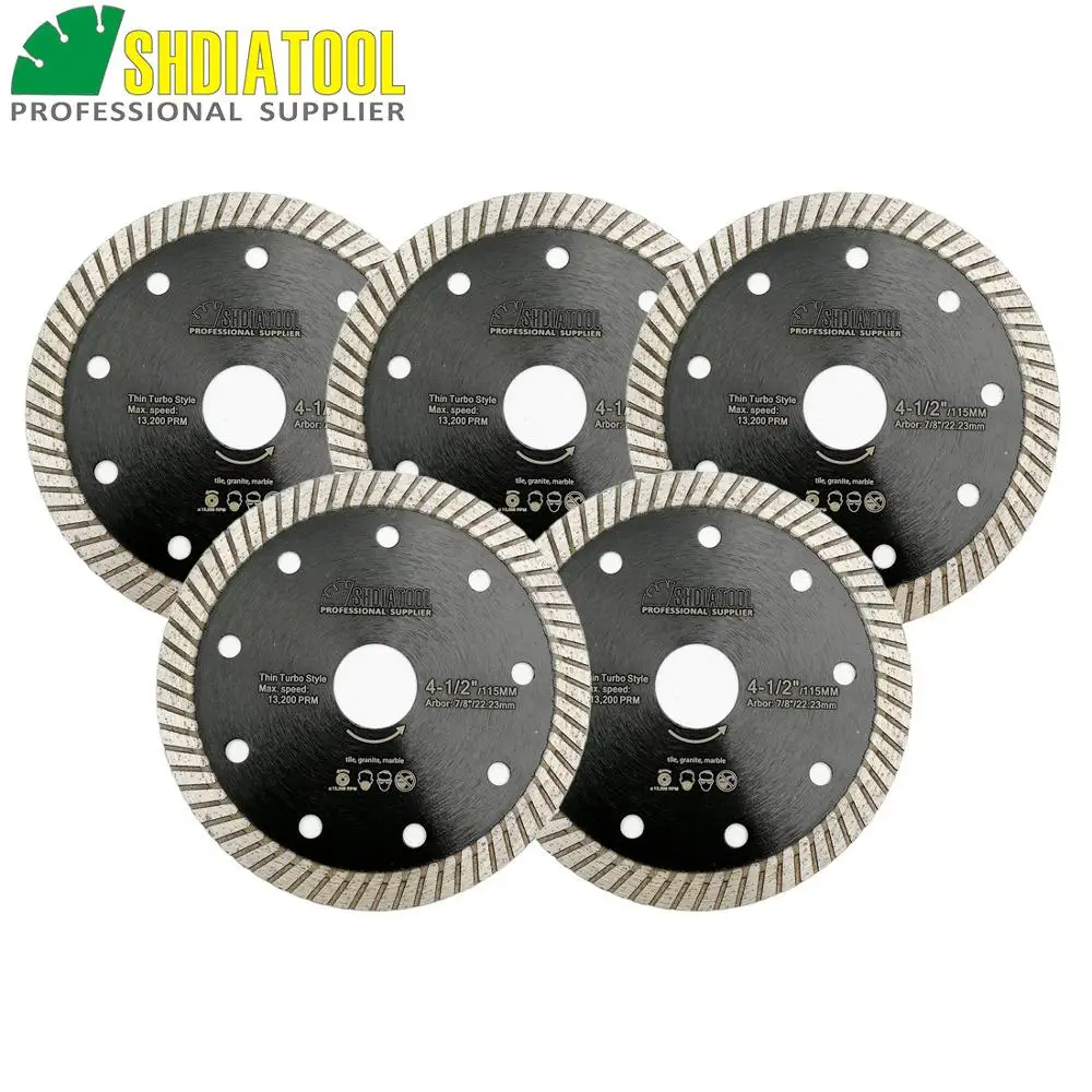 SHDIATOOL 5 piezas 4,5 pulgadas Superthin Turbo discos con 10mm Altura del segmento de corte de Material duro de baldosas de cerámica de corte de