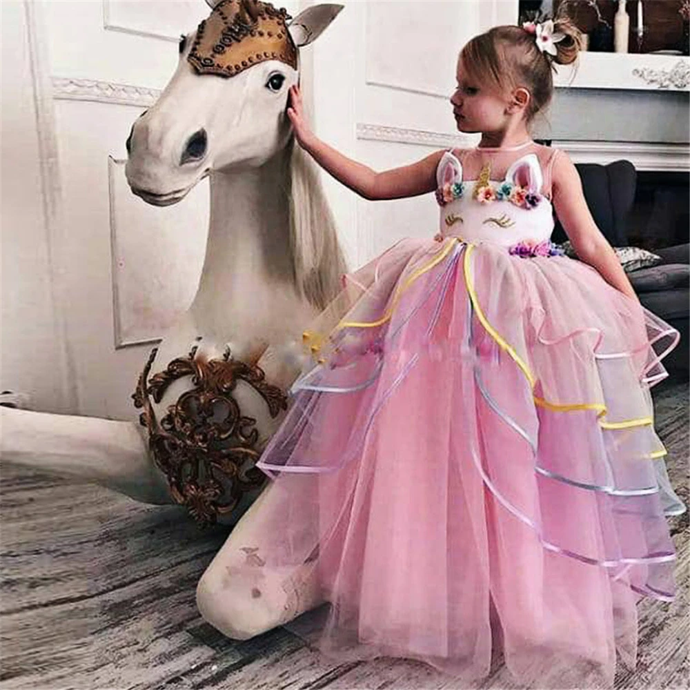 Girls Unicorn Dress Kids Floral Communion Unicorn Ball Gown Floor Length Children's Evening Party Long Tulle Tiered Dresses Tutu