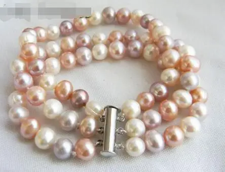 FREE SHIPPING HOT sell new Style 3Strands 8'' 7-8mm White Lavender Pink Round Freshwater Pearl Bracelet