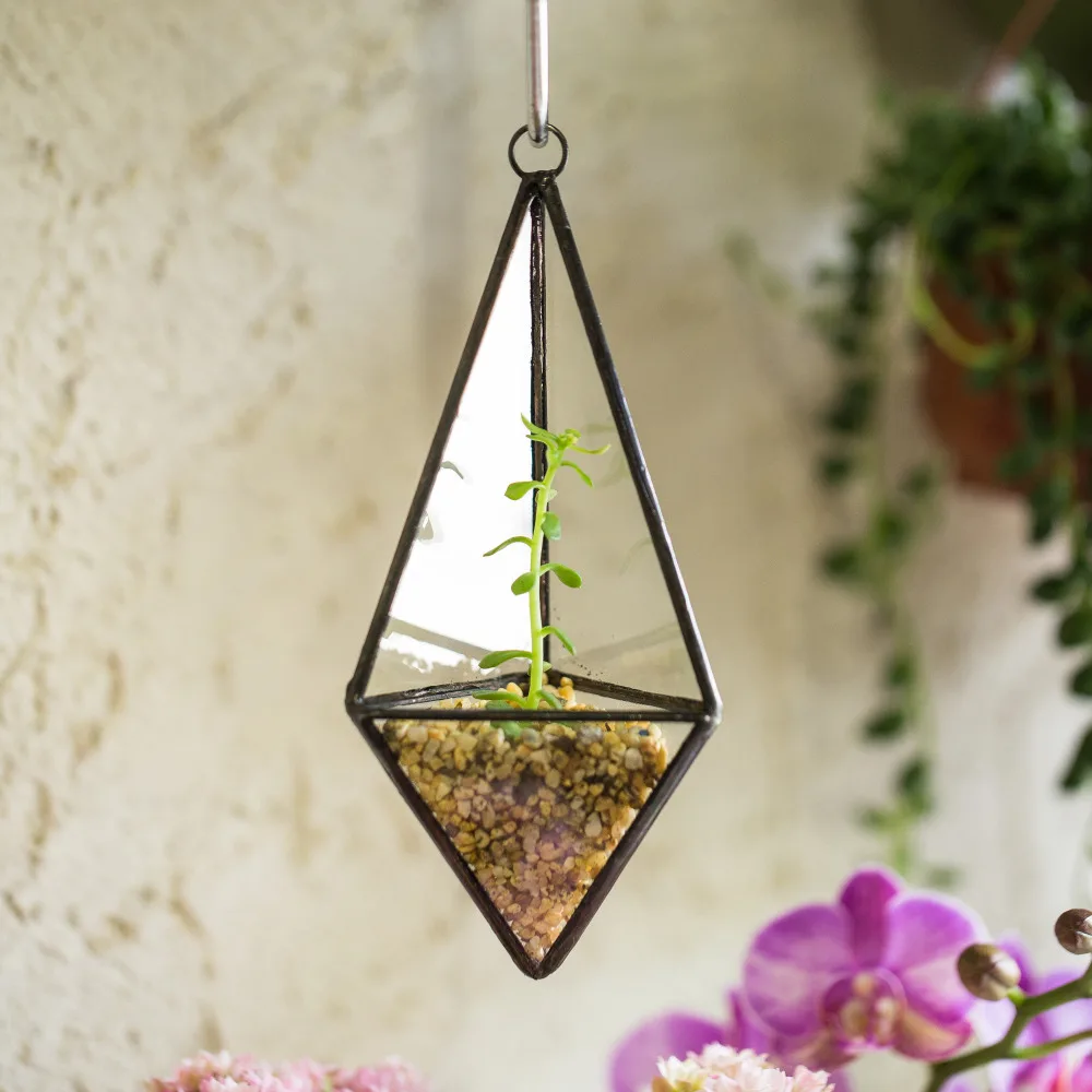 Modern Wall Hanging Mini Geometric Pyramid Glass Terrarium Succulent Plant Freestanding Display Flower Pot 2.75*2.75*6.49inches