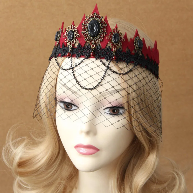 Women Headband Red Felt Crown Tiara Lace Flower Mesh Mask Stone Elastic Ribbon Hairband Headpiece Fancy Dress Ball Accessories