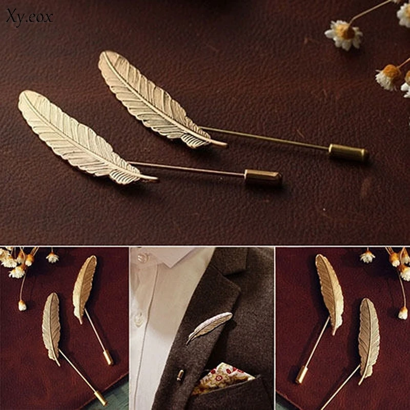 Vintage Men Leaf Feather Suit Tuxedo Lapel Stick Pin Brooch Wedding Party