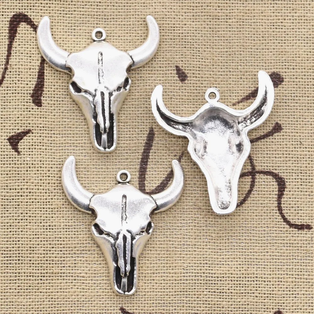 8pcs Charms Skull Bull Ox Head 32x28mm Antique Bronze Silver Color Pendants Making DIY Handmade Tibetan Bronze Jewelry