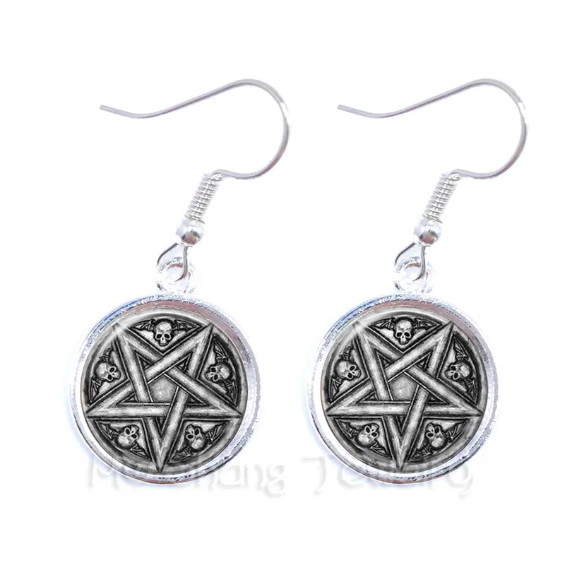 Magic Wiccan Pentacle Logo Earrings For Women Glass Cabochon Goth Keep Talisman And Treatment Of Injury Gift For Friends