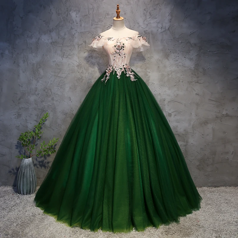 100% real cosplay green ruffled beading slash collar ball gown medieval dress Renaissance gown queen Victorian Belle Ball gown