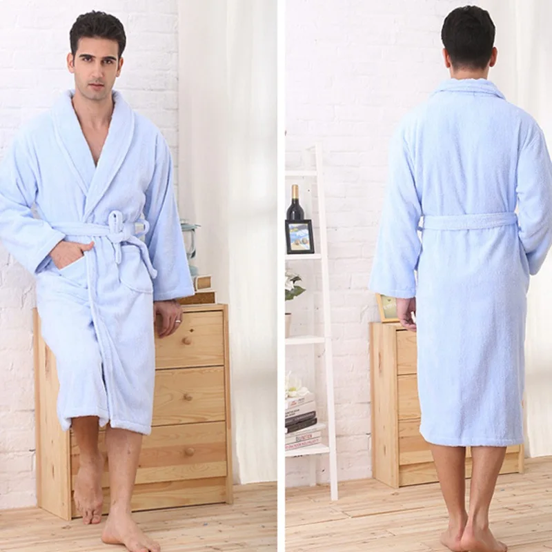 Inverno masculino roupão de algodão casais pijamas robe amantes sleepwear toalha velo longo thincking casa hotel inverno branco azul