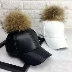 Autumn WInter 15cm Real Fur Pom poms Baseball Caps Artificial Leather Solid Snapbacks Hats Caps Casquette Gorros