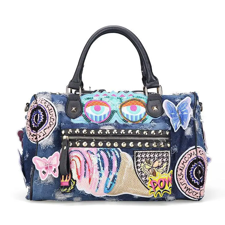 

Women Denim Handbags Casual Shoulder Bags Rock Style Fashion Totes Vintage Demin Blue Top Handle Bags Bolsa Large Travel Bags