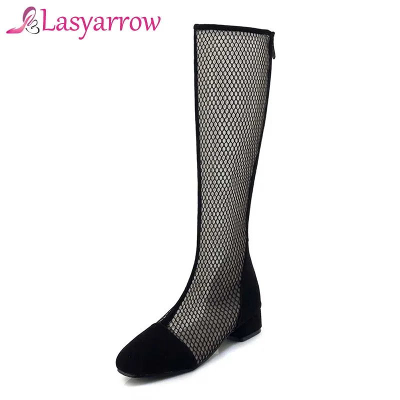 

Lasyarrow Sexy Woman Sandals 2018 New Fashion Thick Chunky Heels Knee High Boots Suede Net Breathable Women Shoes Black Zipper