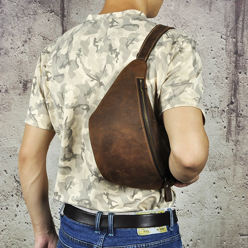 Crazy Horse-riñonera de cuero genuino para hombre, bolso de pecho, cruzado, de piel de vaca, 7"