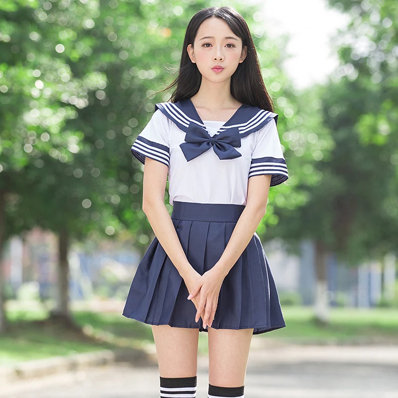 Conjunto de uniforme escolar JK para niñas, traje de marinero, camisa blanca y falda azul oscura, Cosplay para estudiantes