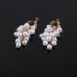 Trendy Simulated Pearl Clip On Earrings Grape bunches Hanging Dangle Luxury Without Pierced For Female Wedding Party Ear Clip