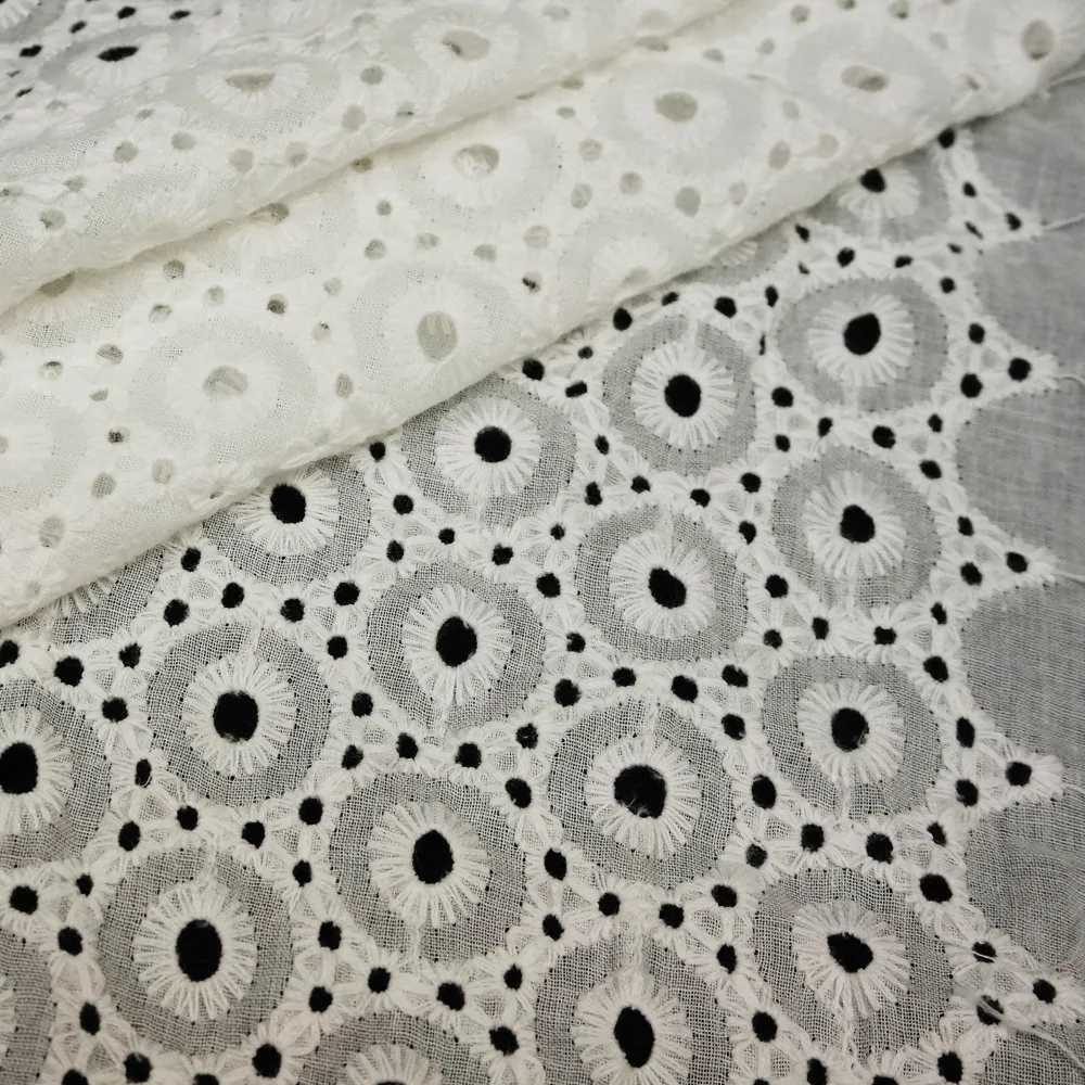 Thin Cotton Fabric Hollow Embroidered Round Eyelet Design Fabric Cotton Lace Fabric for Wedding Dress Clothing Fabric