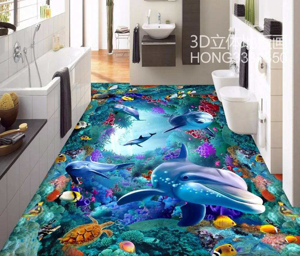 

3d floor painting wallpaper 3D Ocean World Dolphin Coral Floor Painting pvc floor wallpaper 3d flooring