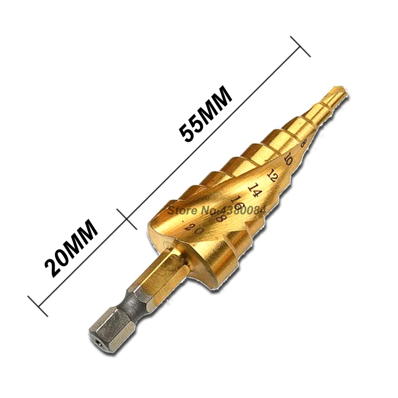 1Pc Set 4-20MM Titanium Coating Spiral Grooved HSS Step Drill Bit 1/4'' Hex Shank Cone Hole Cutter Punching Power Tools