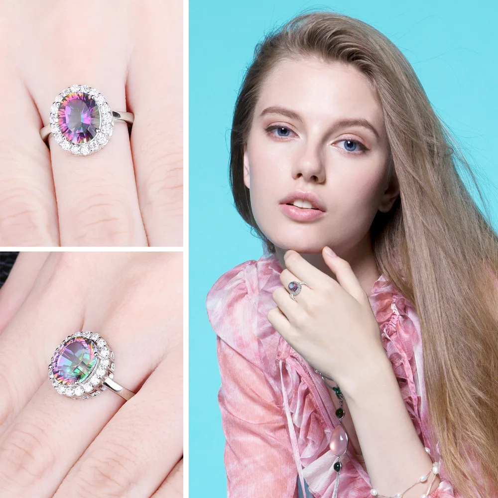 JewelryPalace 3.4ct naturalny Mystic tęczowy kwarc 925 srebro Halo ślub pierścionek zaręczynowy dla kobiet prezent New Arrival — zdjęcie 4
