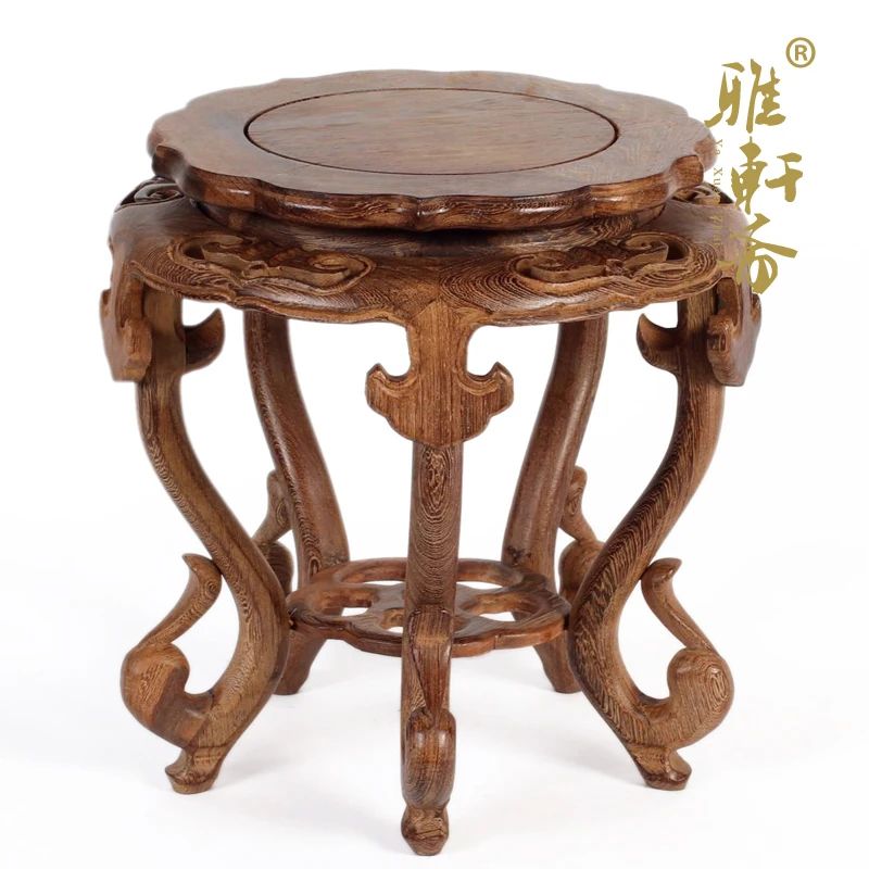 Mahogany antique flower Gallery Zhai fishbowl rack hollow carved Ruyi flowerpot base several wings wood shelf