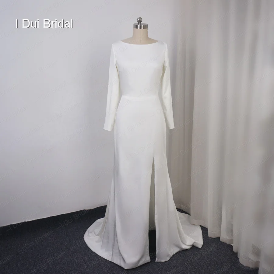 

Spandex Crepe Simple Wedding Dress Long Sleeve Pure Elegant Bridal Gown with Slit