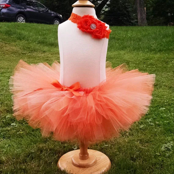 New Retail Girls Orange Tutu Skirts Baby Fluffy Ballet Tulle Pettiskirts with Ribbon Bow and Flower Headband Kids Party Tutus