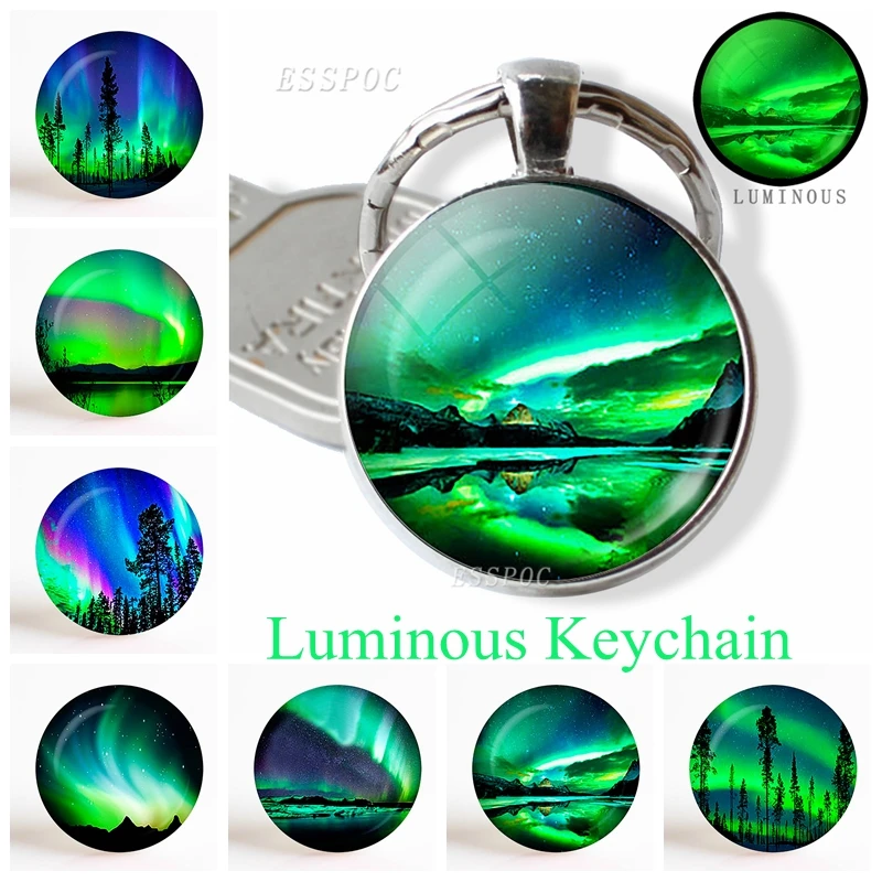 Green Aurora Photo of Keychain Circular Glass Luminous Keychain Handmade Pendant Alloy Fashionable Landscape Keychain Gift