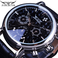 Jaragar Fashion Luxury Men Automatic Mechanical Wrist Watches Top Brand Black Leather Band 3 Sub-dials 6 Hands Date Reloj Hombre