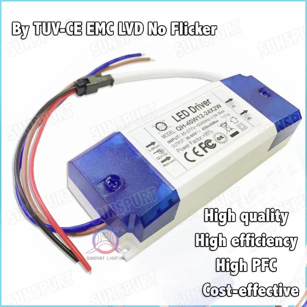 5 Pcs By TUV-CE Box 40W AC85-277V LED Driver 13-25x2W 450mA DC39-84V Constant Current No Flicker For LED Spotlight Free Shipping