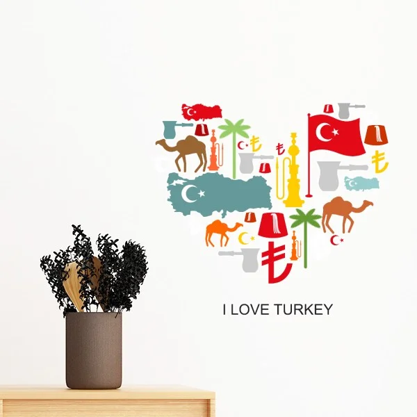 I Love Turkey Heart Camel Lira National Flag Coconut Tree Removable Wall Sticker Art Decals Mural DIY Wallpaper for Room Decal