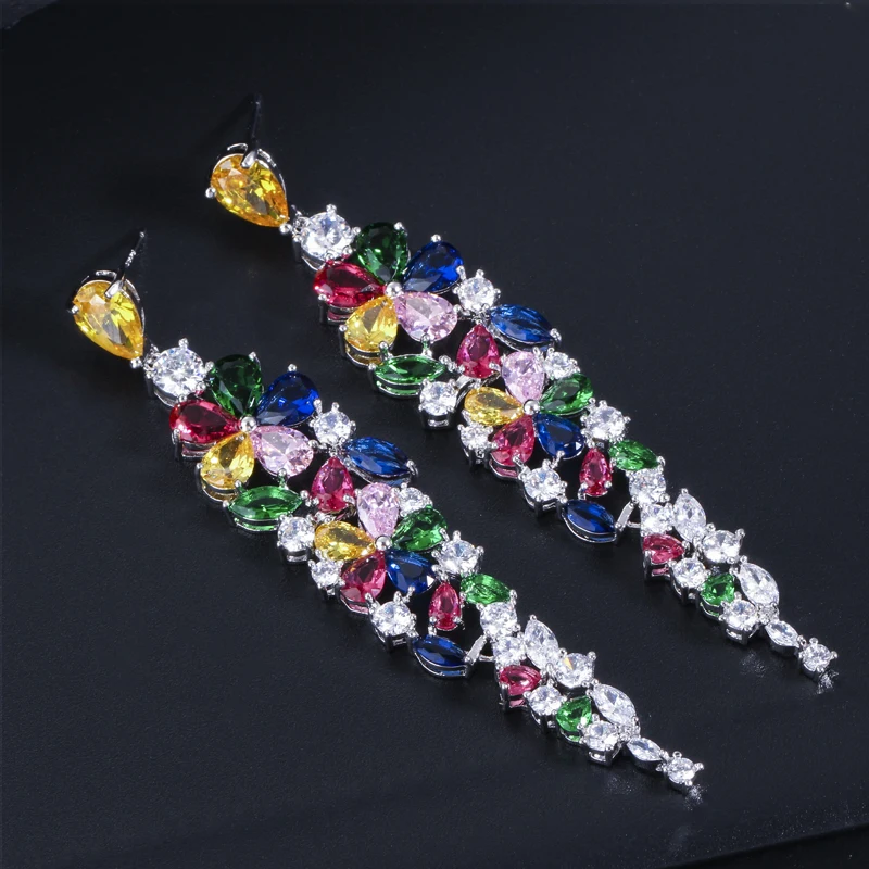 CWWZircons Multi Color Flower Shape Statement Cubic Zirconia Long Dangling Earrings Fashion Bridal Wedding Party Jewelry CZ422