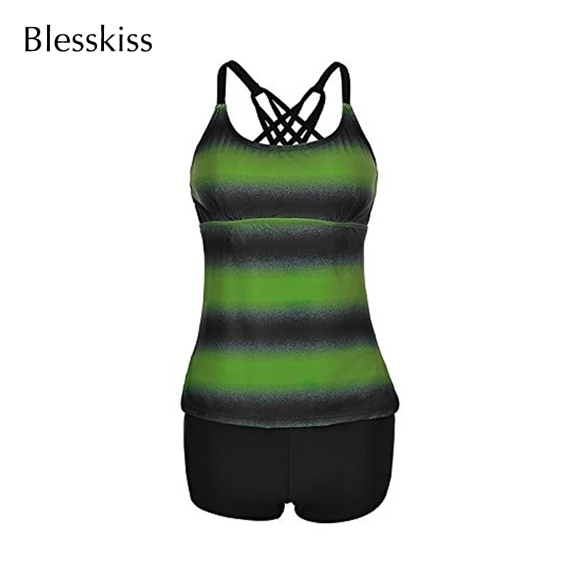 Blesskiss Plus Size Swimwear Women 2023 High Waist Swimsuit Two 2 Piece Stripes Tankini With Shorts For Ladies Bathing Suit 4XL