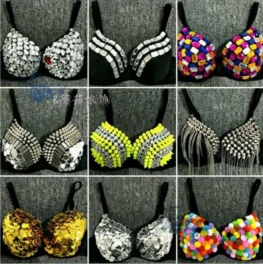 

Nightclub female singer, stage bra, stage DS costume, collar dance Bra, punk rivet, diamond, sequins bra