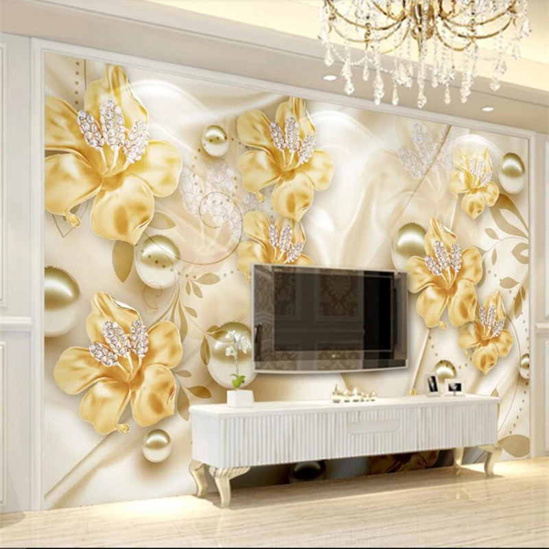 

wellyu Golden jewelry flower 3D beautiful TV wall custom large mural wallpaper papel de parede para quarto