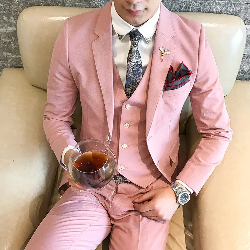 

Pink Fashion Men Slim Fit Custom Made Suits Men Fashion Casual Business 3 Piece Suits Prom Dinner Suits Men Terno Masculino