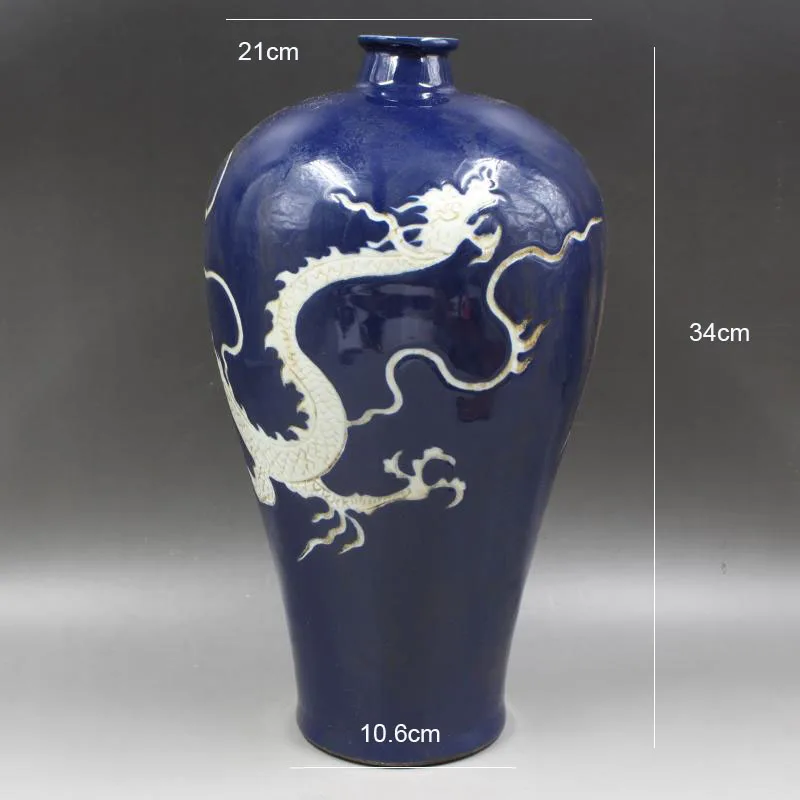 Blue White Carved Cloud Dragon Meiping Hand-made Antique-imitation Porcelain Antique Collection unearthed in Yuan Dynasty