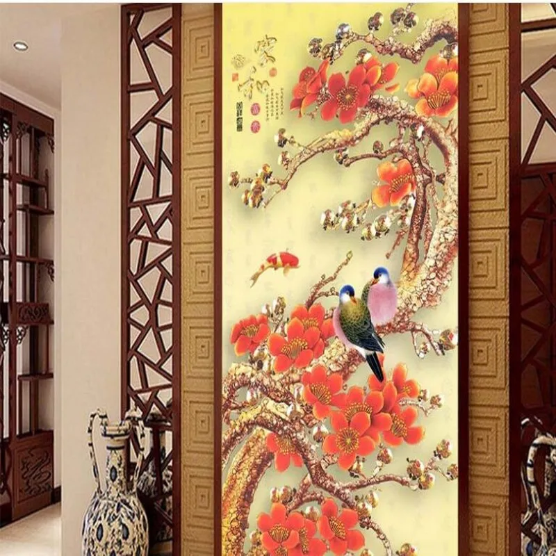 

wellyu Custom large frescoes and plum blossom harmony birds Chinese porch backdrop wallpaper papel de parede para quarto