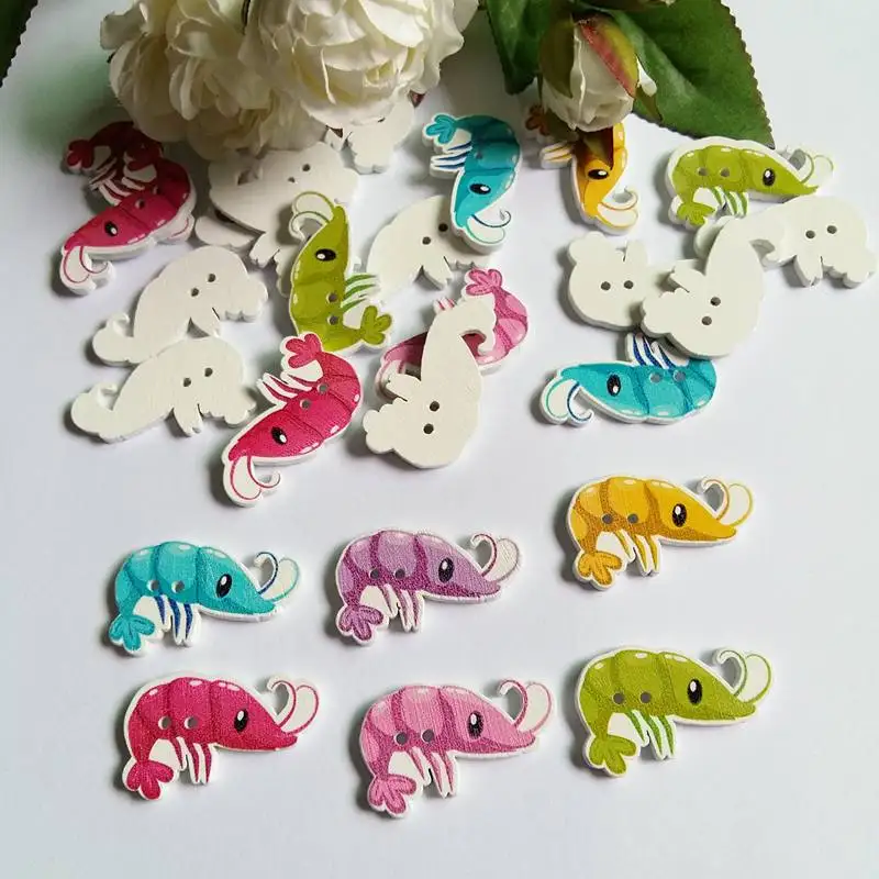 50pcs 2 Holes Wooden Button Mixed lobster Shapeds Scrapbook for Craft Buttons Sewing Accessories 31*20 mm