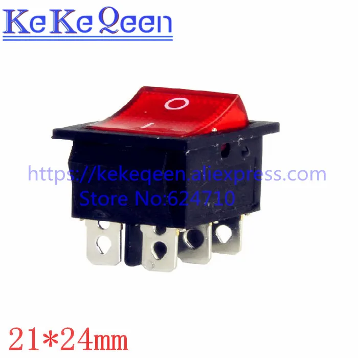 10PCS/LOT 21x24mm With Red Light Rocker Switches 6 Pin 2 Position 6A 250V 10A 125VAC ON-OFF